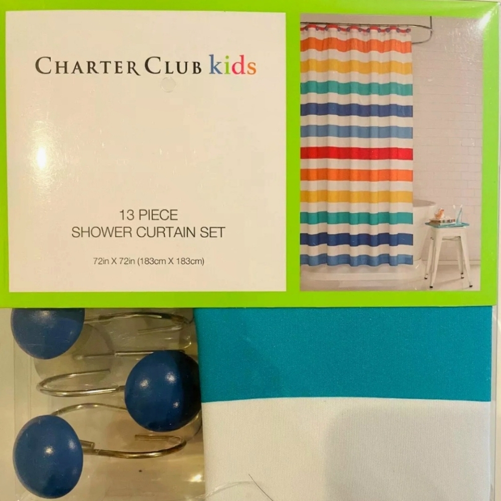 Charter Club Kids Rainbow Striped 13-Pc. Shower Curtain Set, With Hooks.